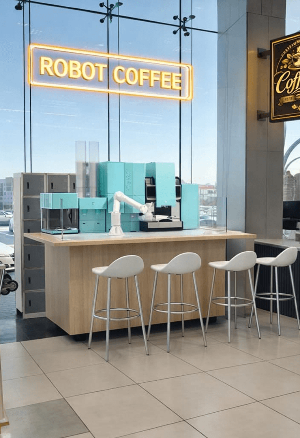 Robot coffee station with stools and modern interior